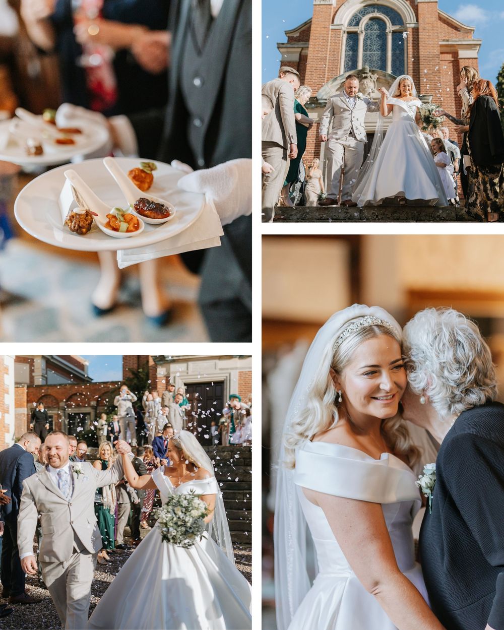 A collection of wedding moments showing a church ceremony, reception details, and celebratory scenes with confetti and dancing.