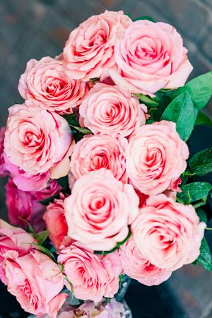 Close-up of a beautiful bouquet of soft pink roses with green leaves.