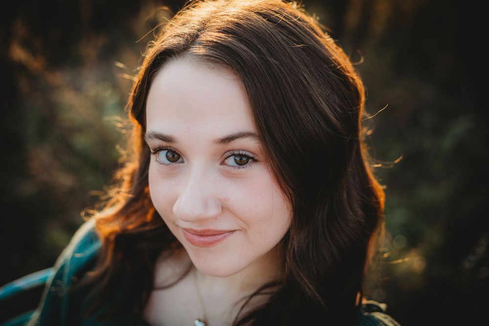 A series of photographs showing a person with dark hair smiling outdoors with warm sunset backlighting.