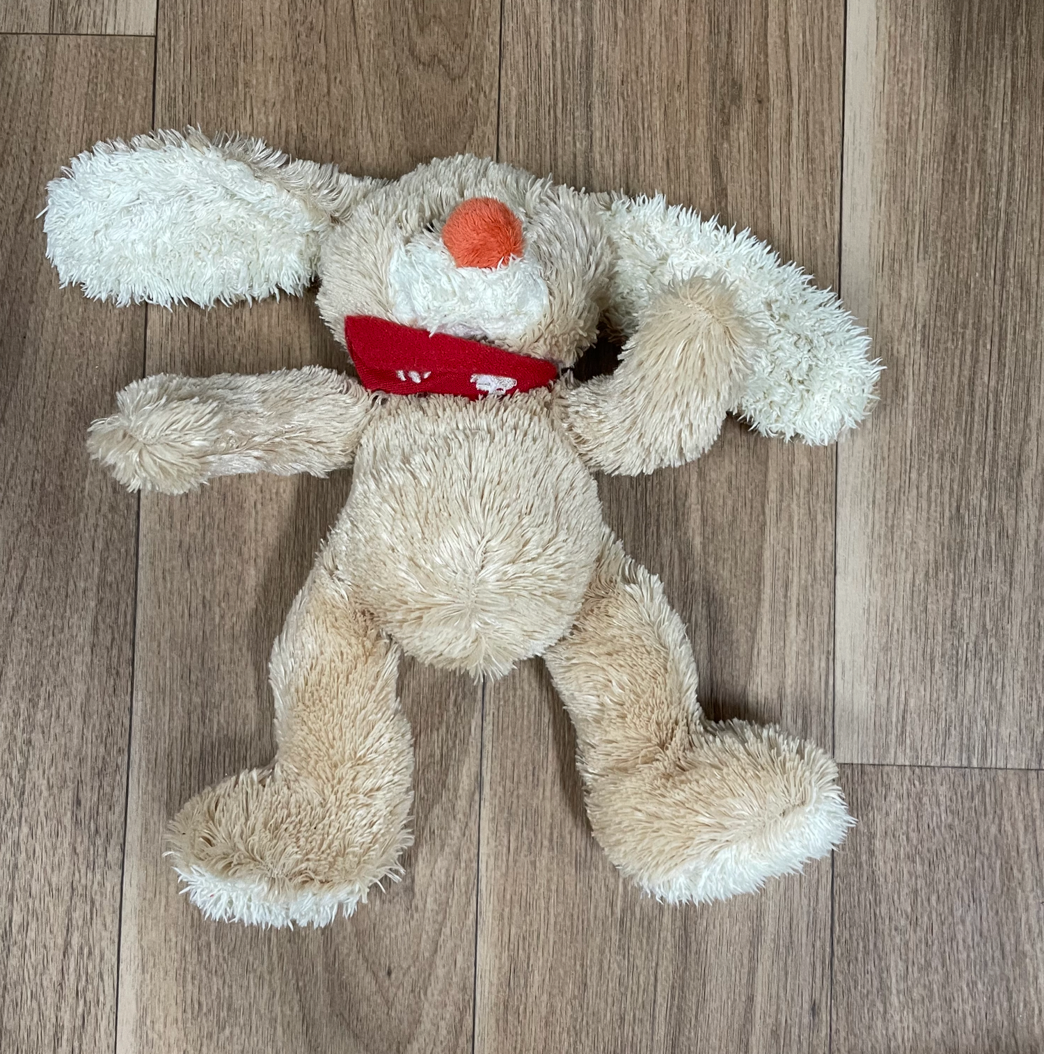 White fluffy teddy bears arranged in a row on wooden floor.
