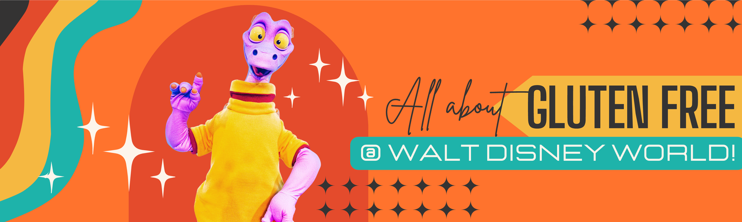 Orange header banner with glittery design promoting gluten free options at Walt Disney World.