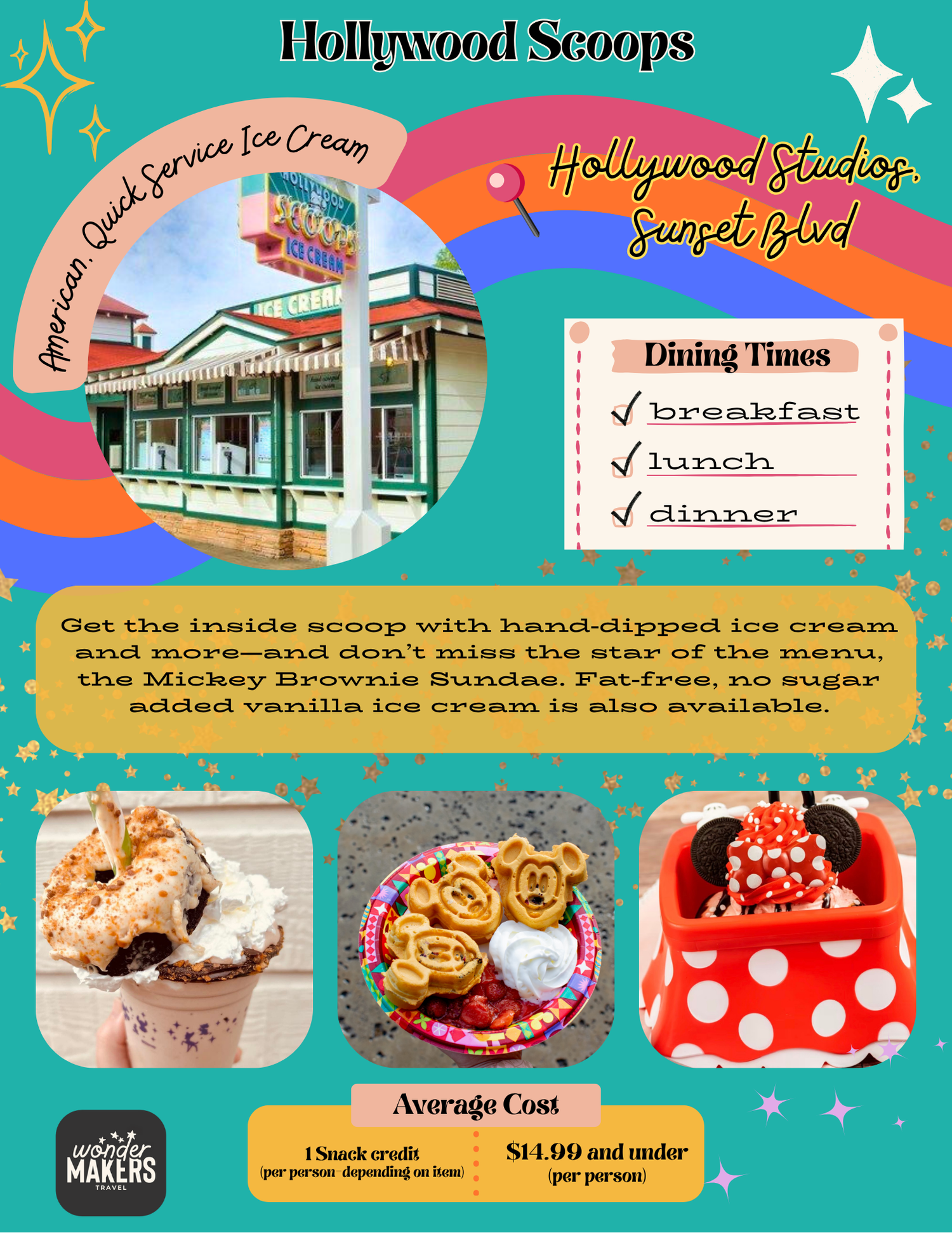 Promotional graphic for Hollywood Scoops ice cream shop showing menu items and dining times.