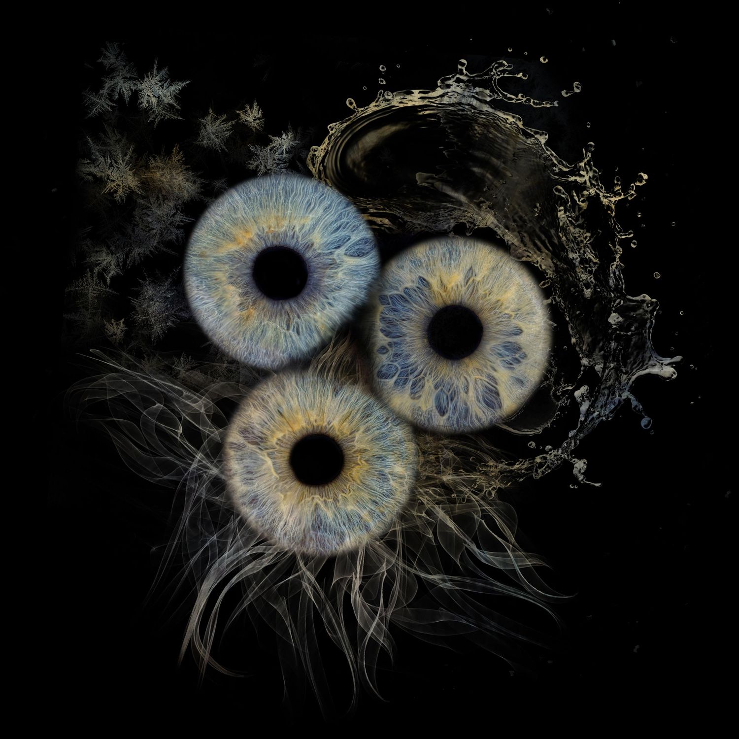 Abstract close-up macro photography sequence of blue and gold iris eyes with dark cosmic-like backgrounds.