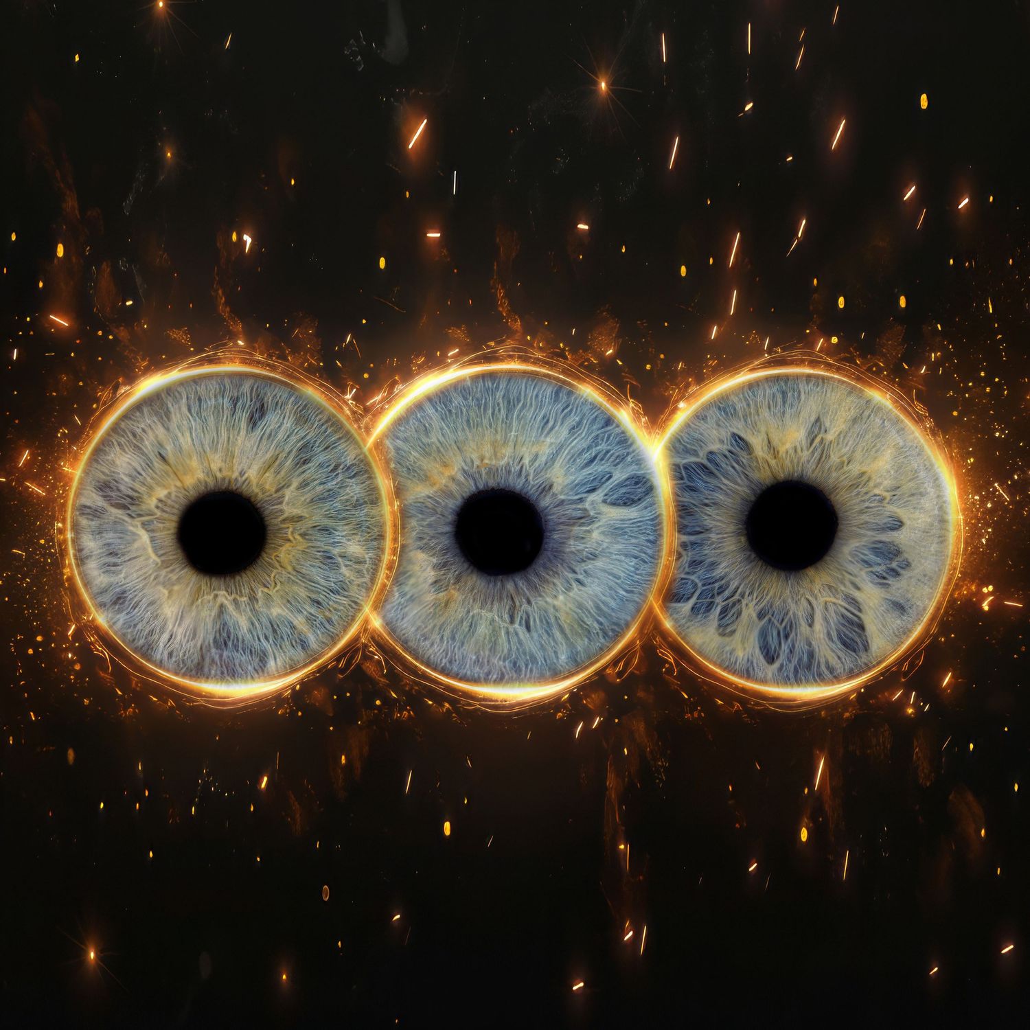 Three glowing blue irises arranged horizontally with fiery orange sparks and flames against a dark background.