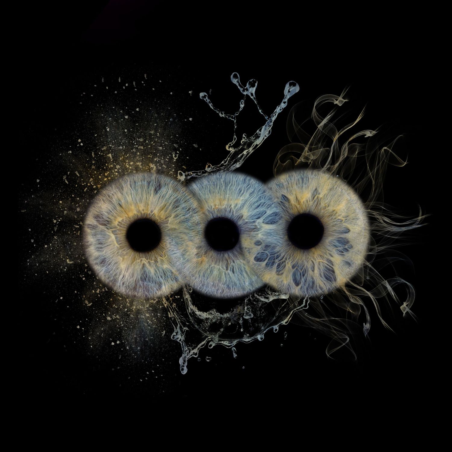 Seven dark circular iris-like shapes with ethereal blue and golden halos arranged in a row against a black background.