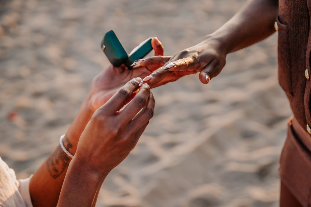 Engagement ring reveal in golden hour