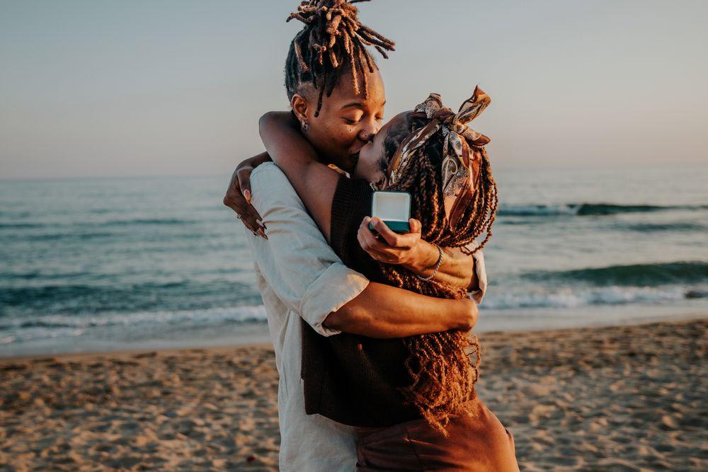 Romantic proposal moment captured on sand