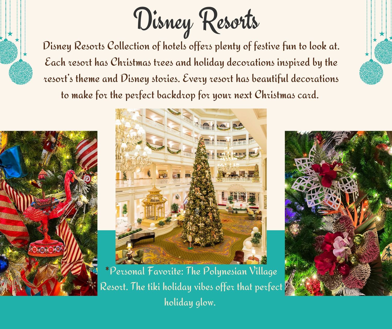 Disney resort holiday decorations showing ornate Christmas trees and elegant hotel lobby displays.