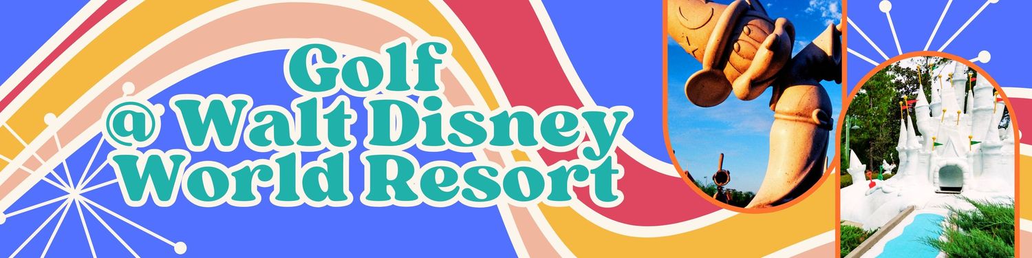 Decorative banner for Walt Disney World Resort golf featuring blue gradient and golf imagery.