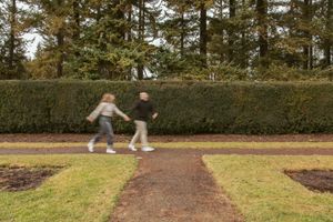A gravel pathway winds through a landscaped garden with tall evergreen trees and neatly trimmed bushes in the background.