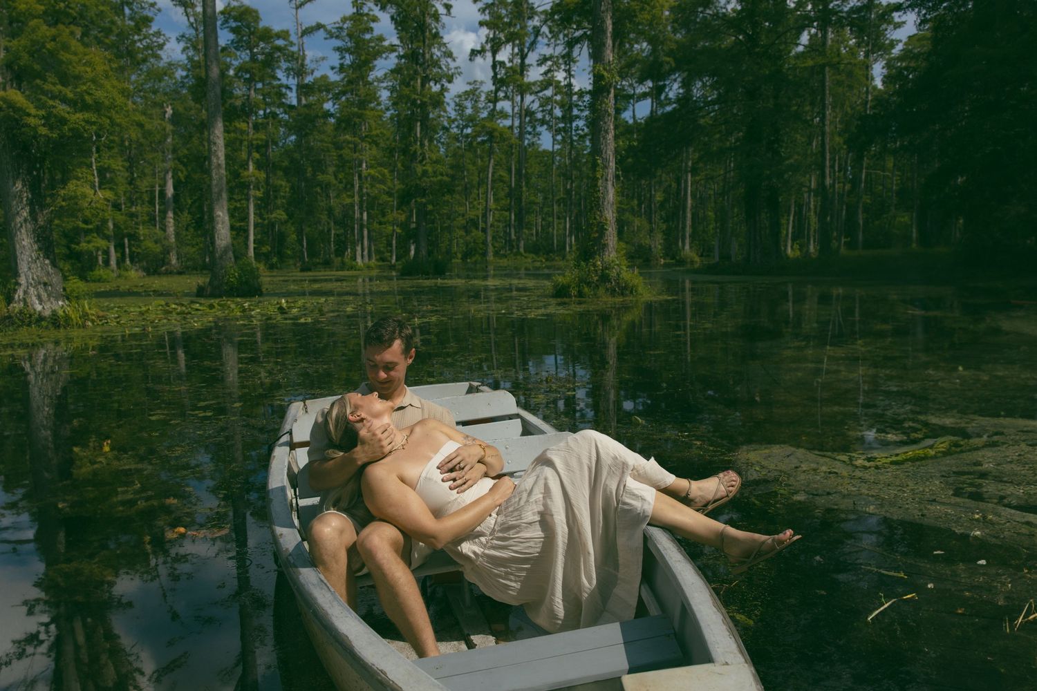 nc sc cypress gardens couples photoshoot engagement session boats lake romantic moody
