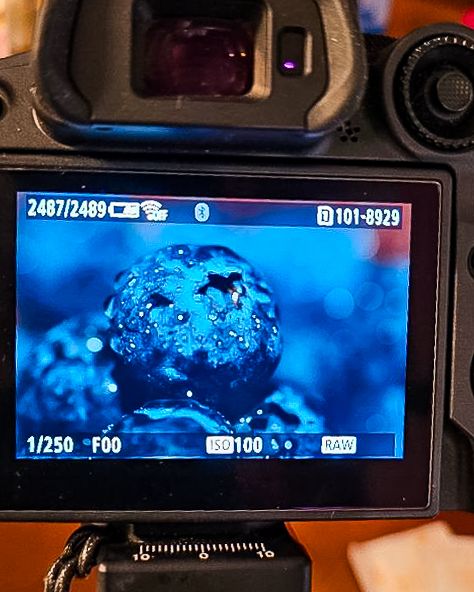 Camera LCD screen displaying a macro photo of a blue water droplet with bubbles at f/00 and ISO 100 settings.
