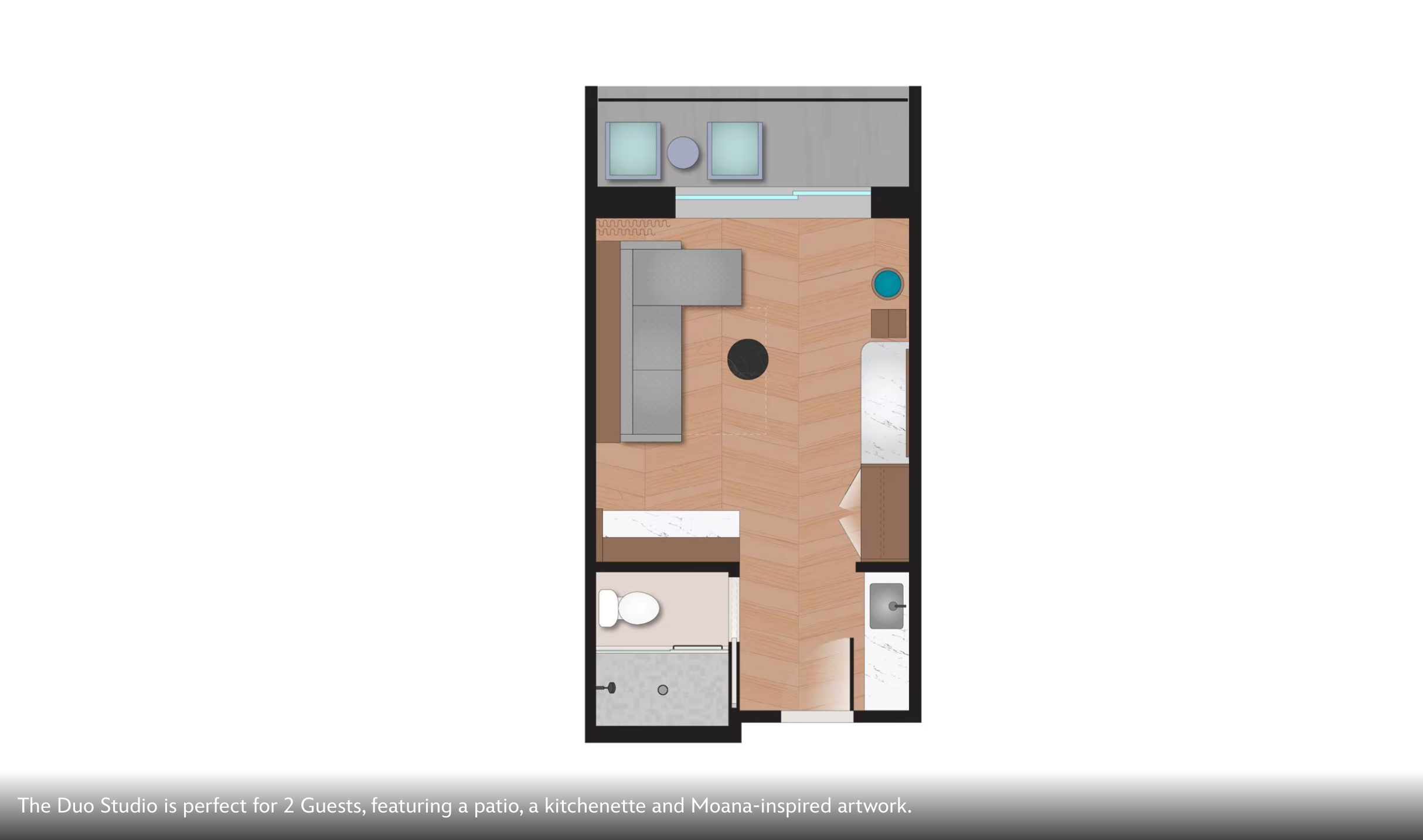 Floor plan layout of a small studio apartment with bathroom and kitchenette.