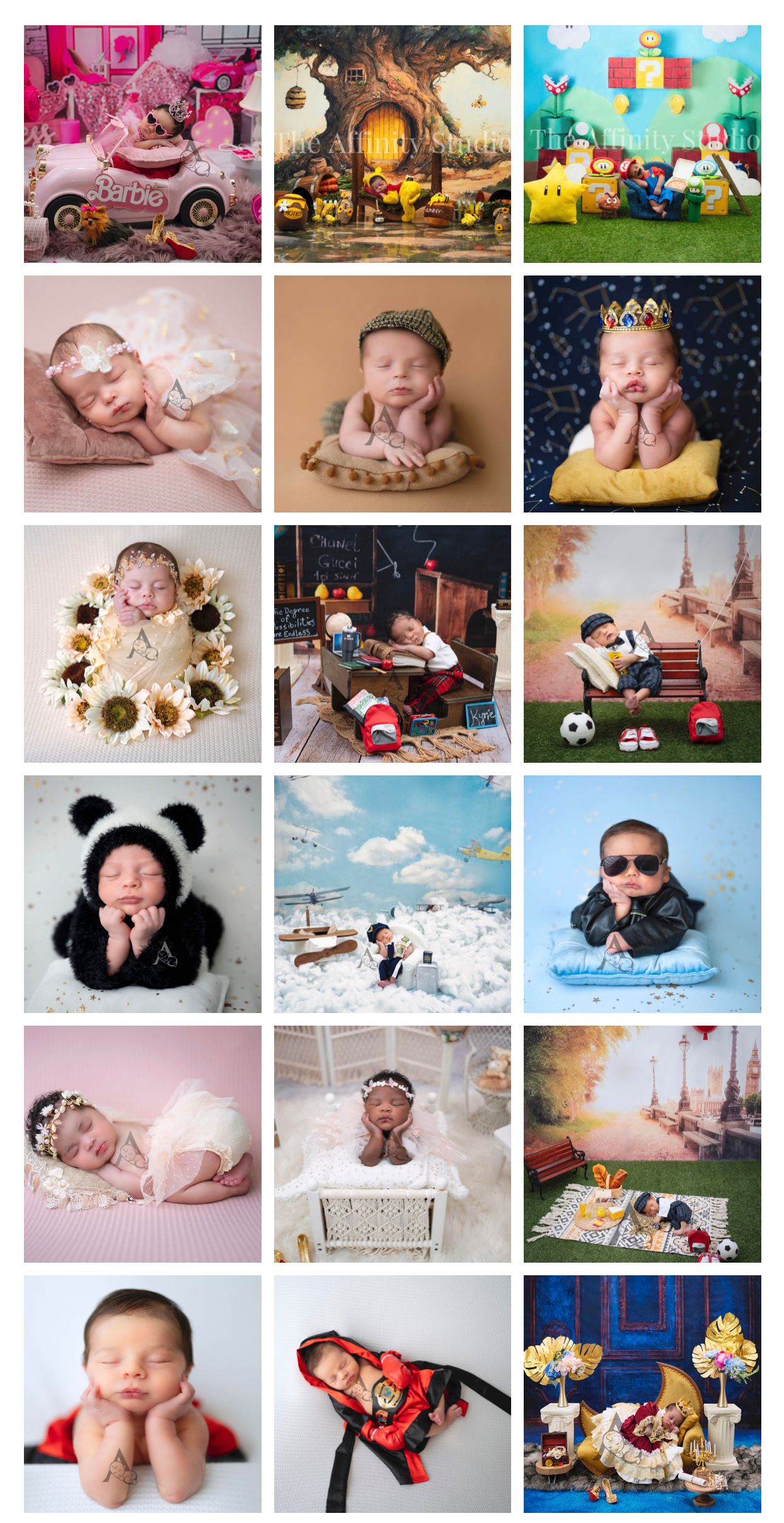 Beautifully styled newborn photography collection showcasing creative setups with whimsical props and dreamy lighting effects.