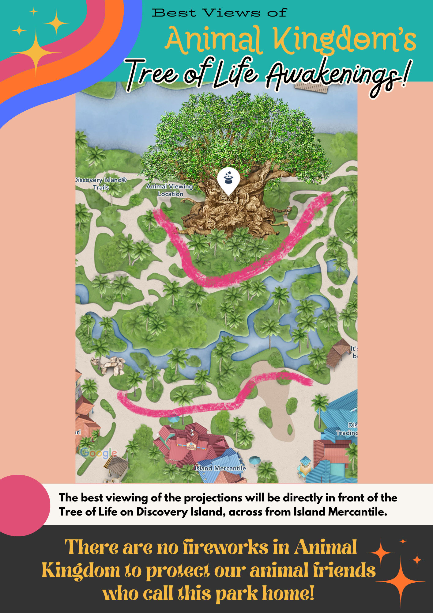 Map showing best viewing locations for Tree of Life Awakenings show at Animal Kingdom.
