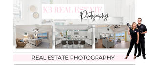 Real estate photography business banner showing modern home interiors and branding elements.