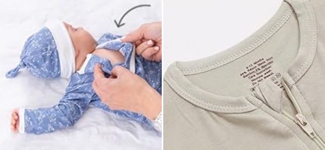 Split image showing diaper change on left and clothing tag detail on right.
