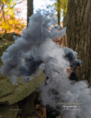 Artistic photo featuring billowing gray smoke against autumn trees in a forest setting.