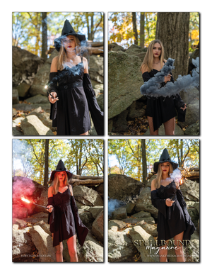 A witch-themed outdoor photoshoot featuring dramatic poses with smoke effects and a black dress in an autumn forest.