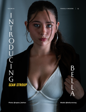 Fashion magazine cover featuring editorial portrait in black and white on gradient background.