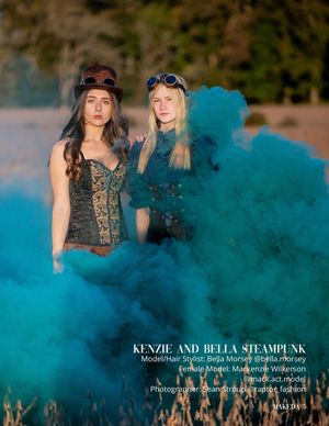 Steampunk fashion shoot with dramatic teal smoke effects in outdoor setting.