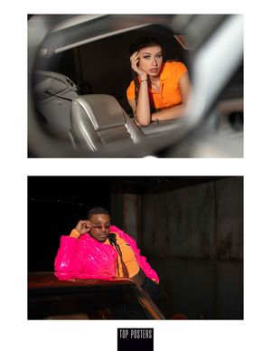 Two fashion portraits showing models in orange and pink outfits in moody lighting.