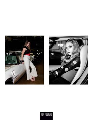Fashion editorial diptych featuring vintage car and glamour portraits in black and white.