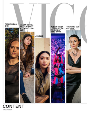 Magazine layout with VICE Content section showing five vertical panels with fashion models.