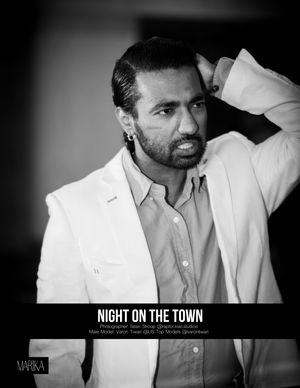 Black and white portrait photo with white blazer and text 'Night on the Town'.