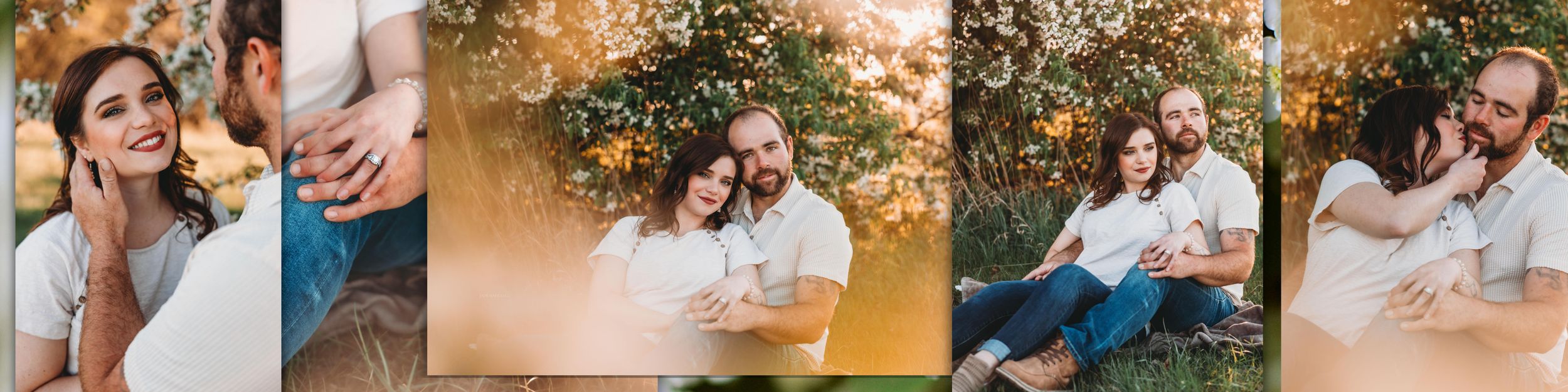 Romantic couple sharing tender moments outdoors against natural fall scenery in a four-panel collage.