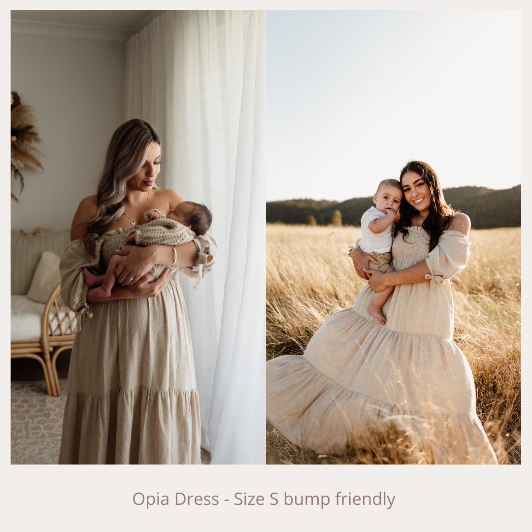 Collage of women wearing the Opia Dress Size S bump friendly beige maternity gown outdoors and indoors.