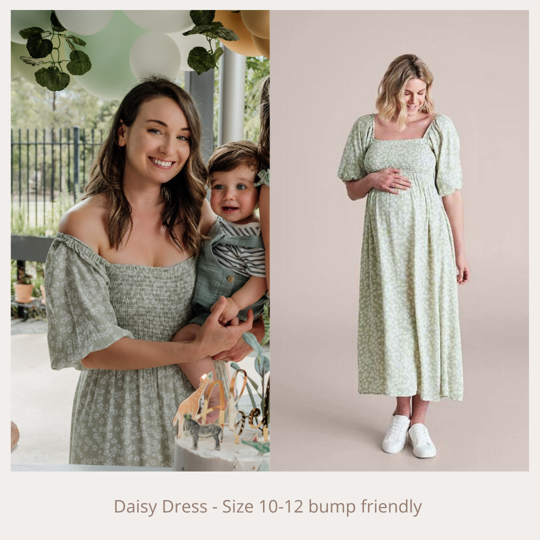 Green floral Daisy Dress size 10-12 bump friendly, smocked bodice midi dress worn by pregnant woman.