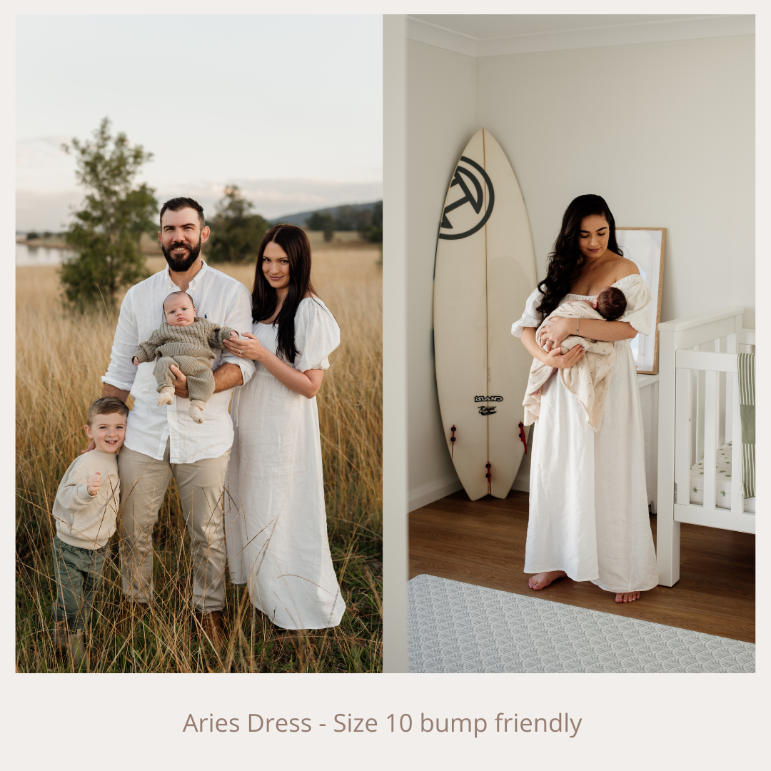 Collage of women wearing the Aries Dress Size 10 bump friendly white maternity gown in field and nursery.