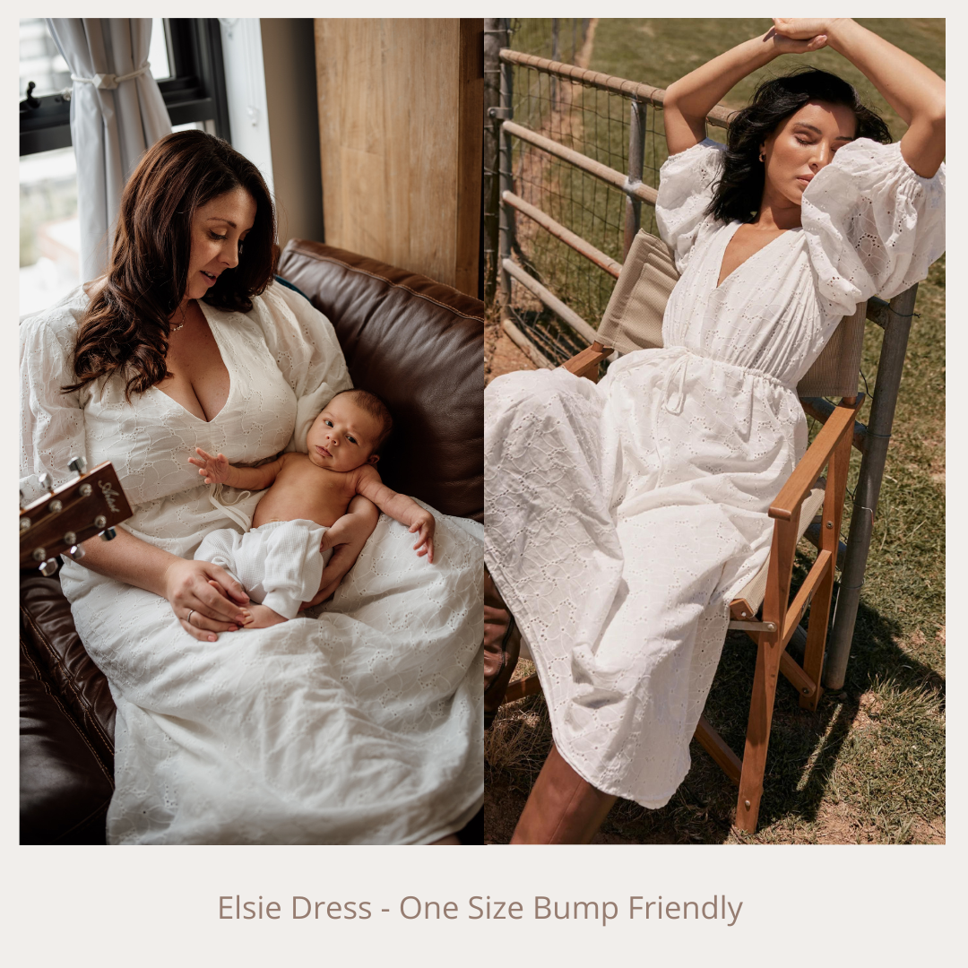 Collage of women wearing the Elsie Dress One Size bump friendly white maternity gown indoors and outdoors.