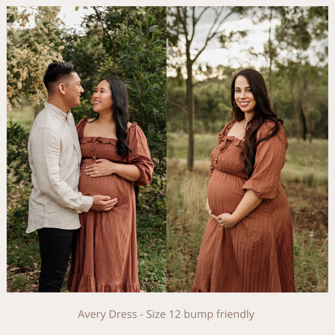 Collage of pregnant women wearing the Avery Dress Size 12 bump friendly rust colored maternity gown outdoors.