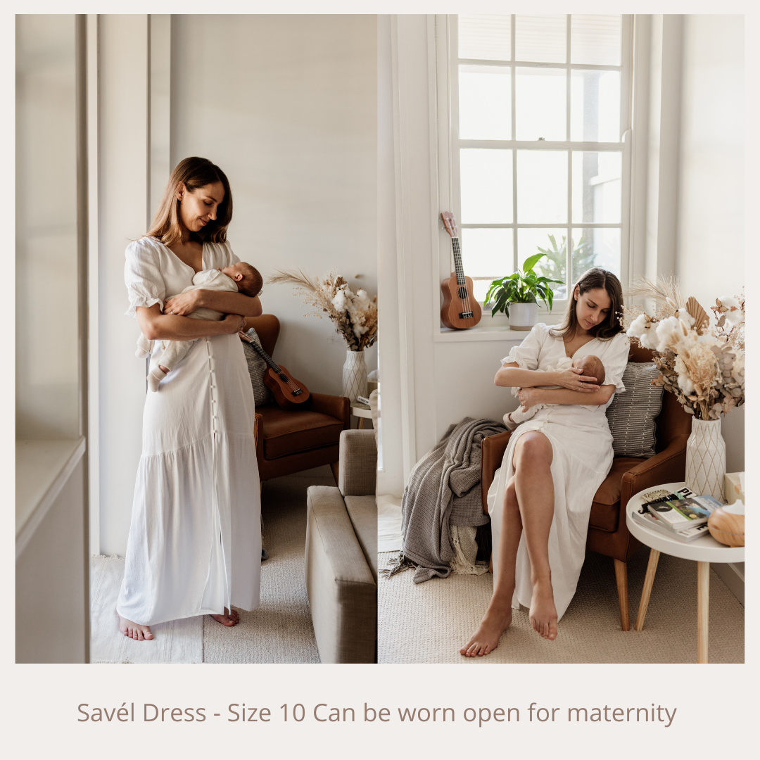 Collage of women wearing the Savel Dress Size 10 white maternity gown that can be worn open.