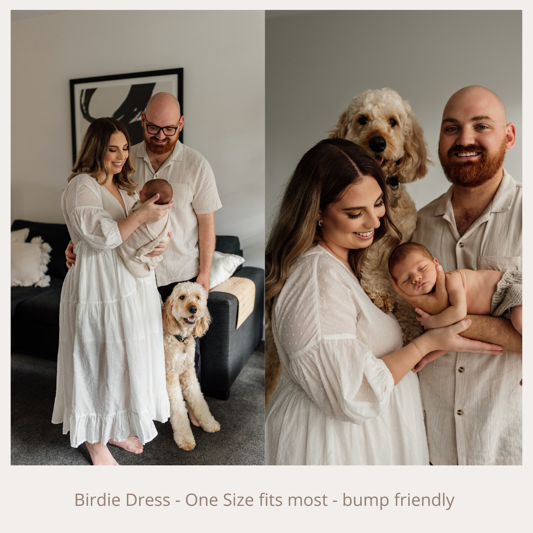 Collage of families wearing the Birdie Dress One Size fits most bump friendly white maternity gown indoors.