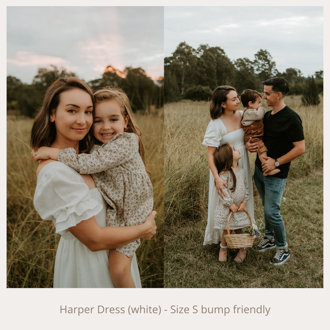 Collage of women wearing the Harper Dress white Size S bump friendly maternity gown in field with family.