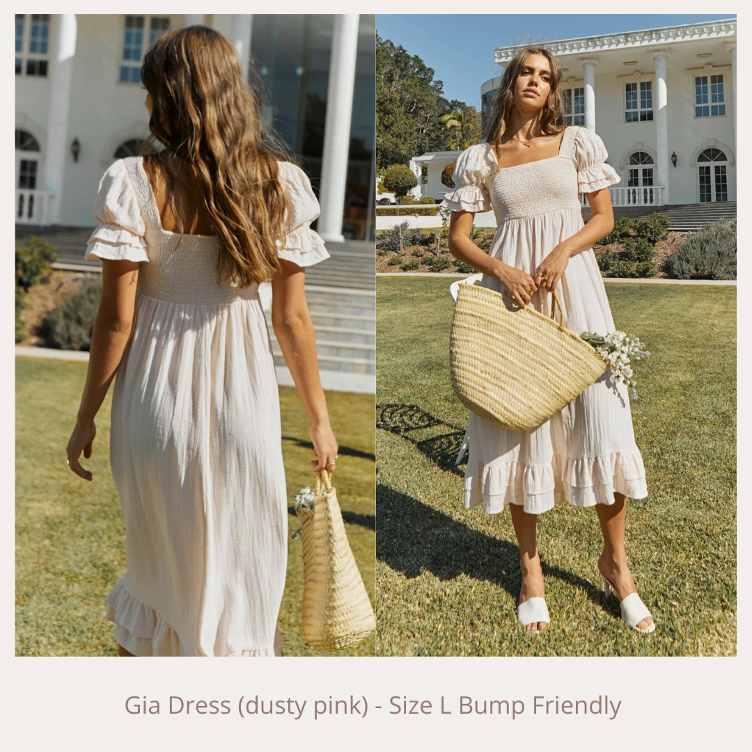 Dusty pink Gia Dress size L bump friendly, featuring puff sleeves and tiered midi length, shown front and back.