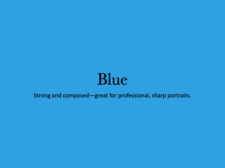 A minimalist text display showing the word 'Blue' against a solid blue background with descriptive text below.
