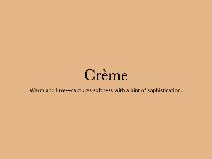 Minimalist typography featuring the word 'Crème' with subtext on a warm peach-colored background.