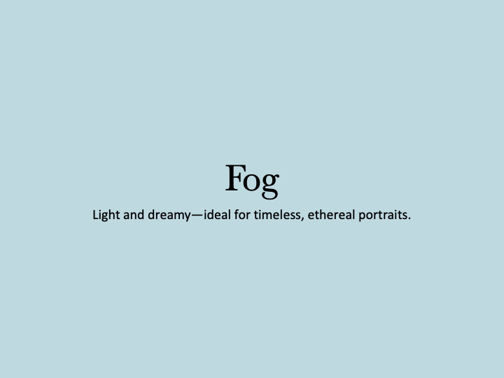 A minimal typographic design showing the word 'Fog' with a caption about light and dreamy ethereal portraits.