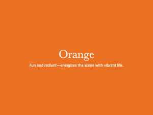 A vibrant orange background with the word 'Orange' and text about fun and radiant energetic scenes.