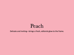A simple typography slide showing the word 'Peach' with descriptive text on a soft pink background.