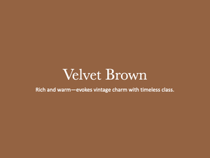 A rich brown background with white text showing 'Velvet Brown' and a description about vintage charm.