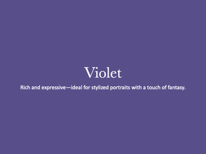 A solid purple background with white text displaying 'Violet' and descriptive text about stylized portraiture.