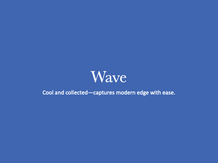Deep blue background featuring 'Wave' text with a subtitle about exploring modern edge with collected ease.