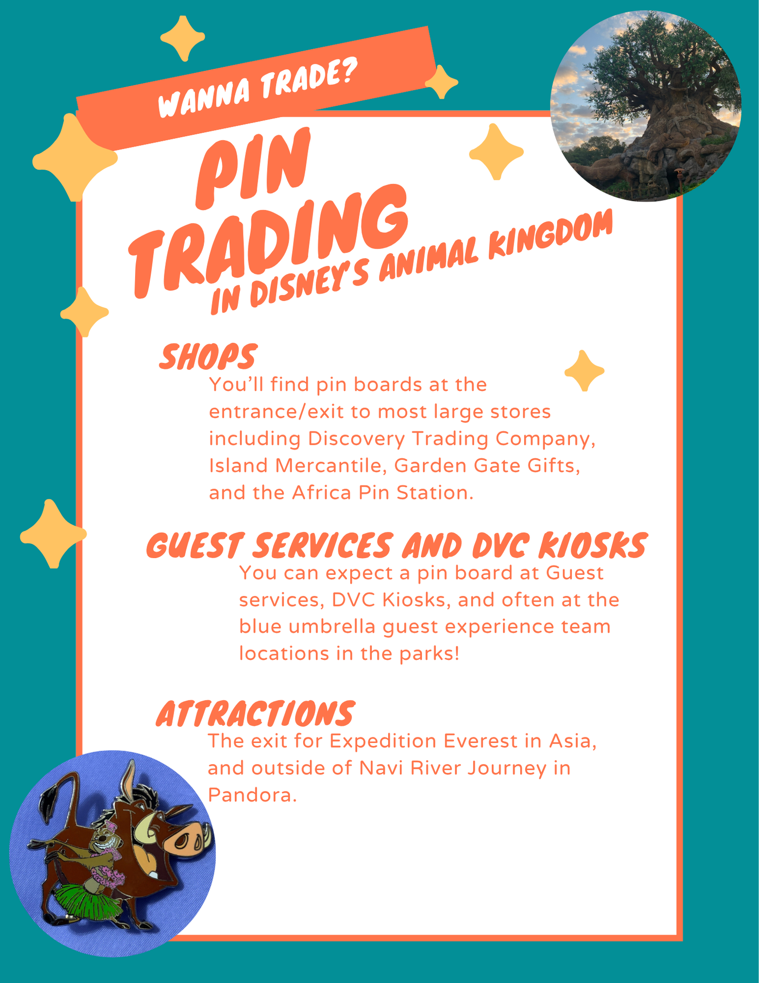 Information guide for pin trading locations at Disney's Animal Kingdom with attraction icons.