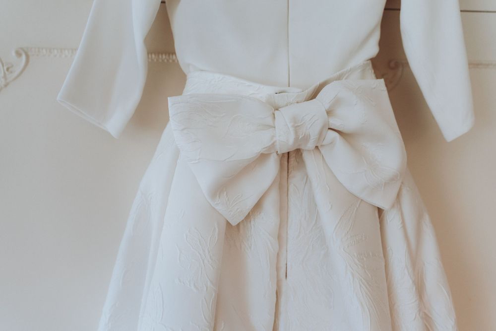 Intricate wedding dress details photographed in a Yorkshire bridal suite