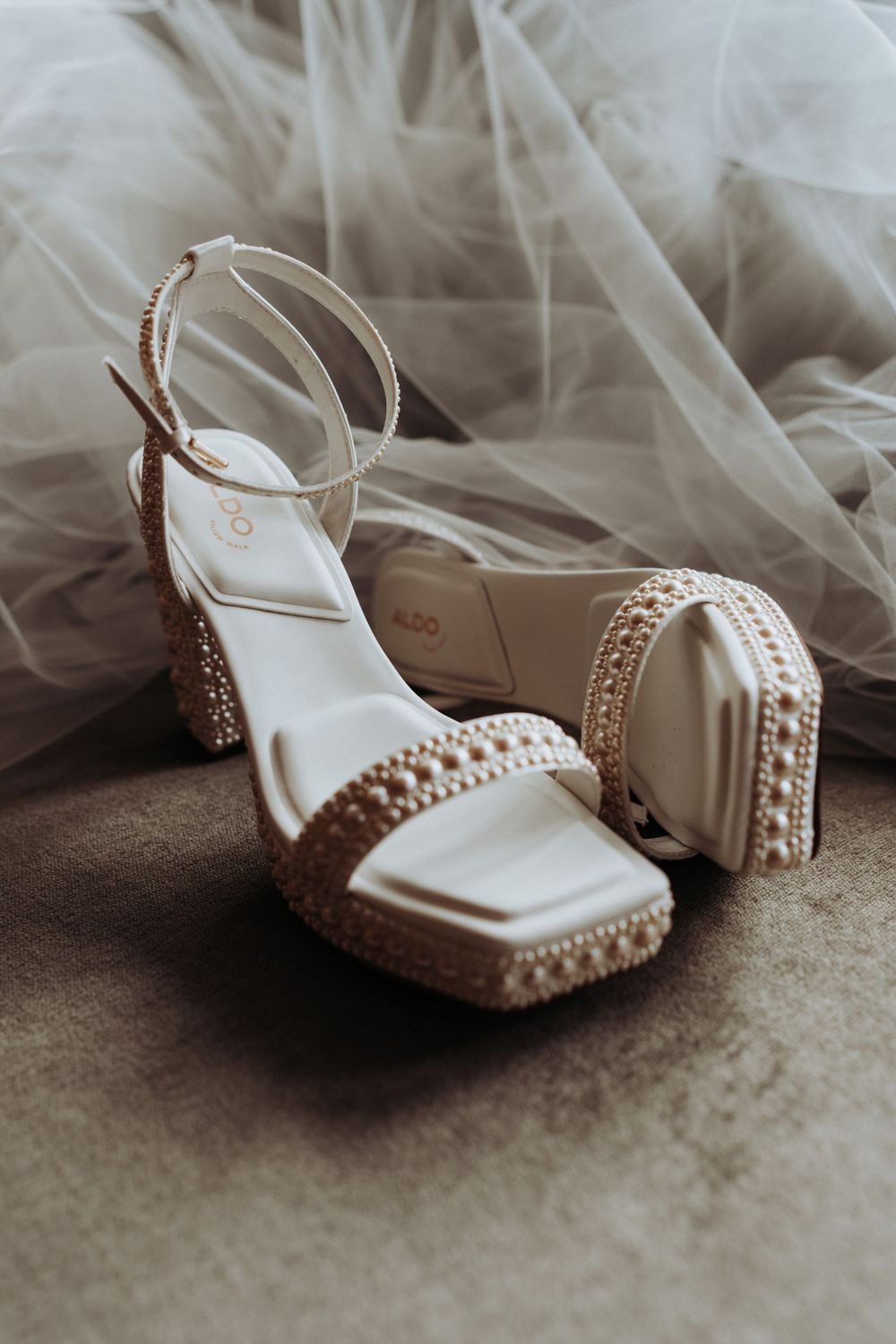 Close up of brides wedding shoes in a Yorkshire bridal suite